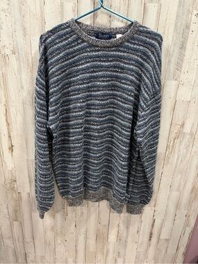 Barry Bricken Alpaca Wool Blend Striped Knit Sweater Blue Gray L Crewneck Cozy